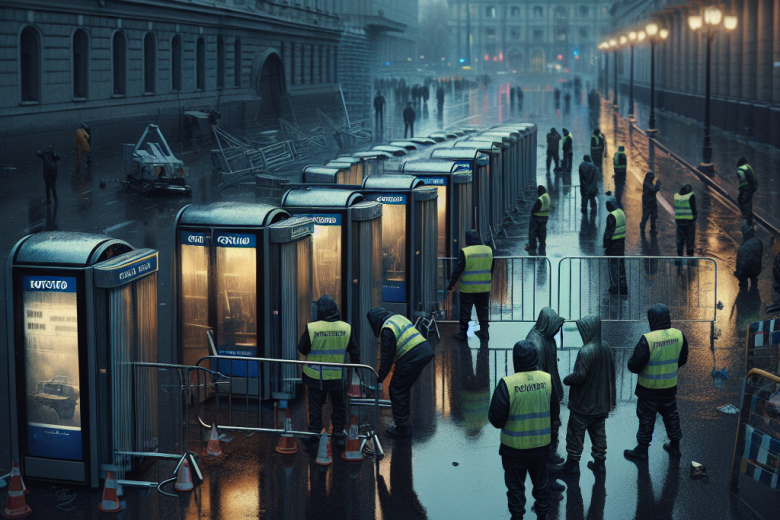 Спор вокруг уличных ларьков: рабочие выпрямляют киоск, жители рядом протестуют вечером.